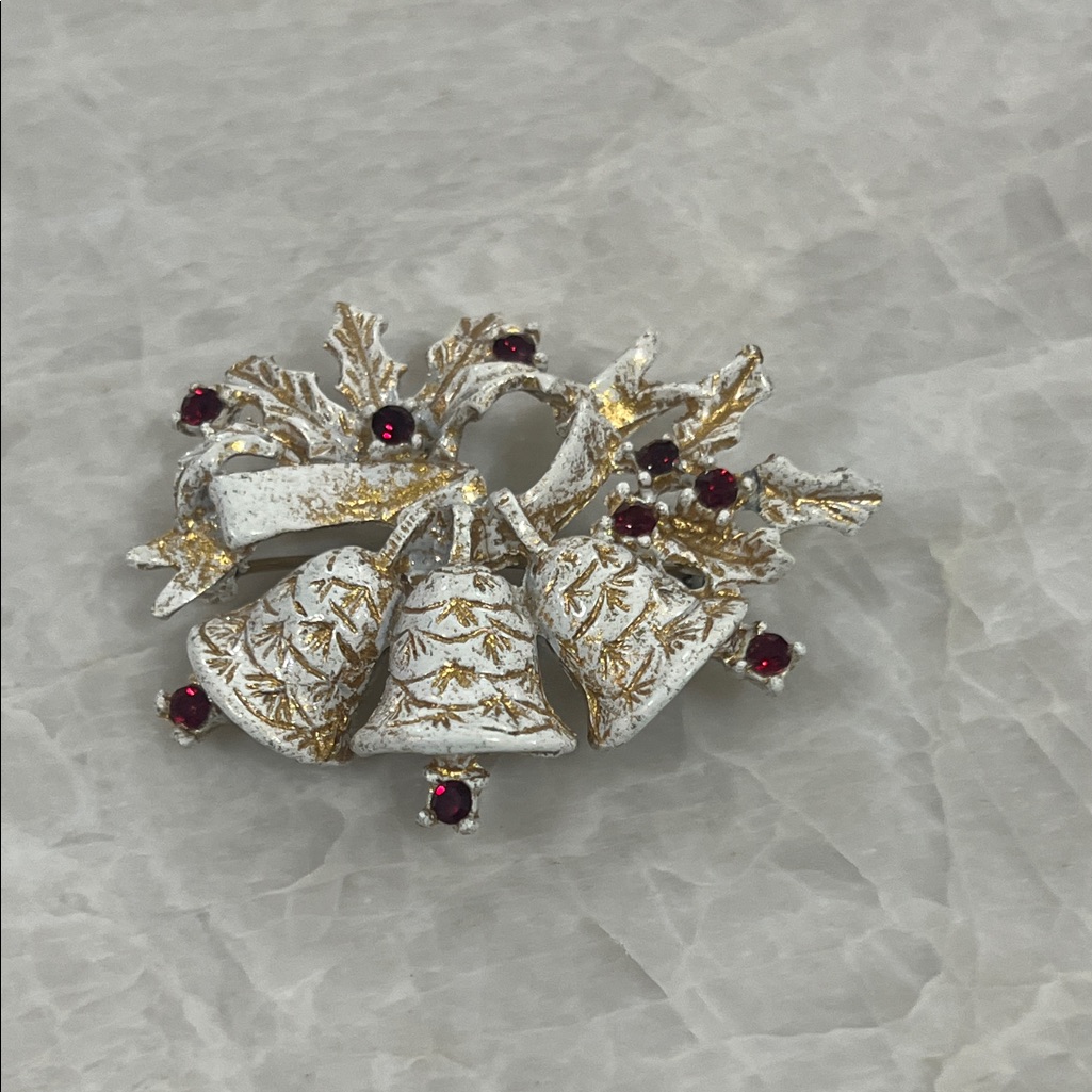 Dodds Red Green Rhinestone, White And Gold Painted Bells Brooch
